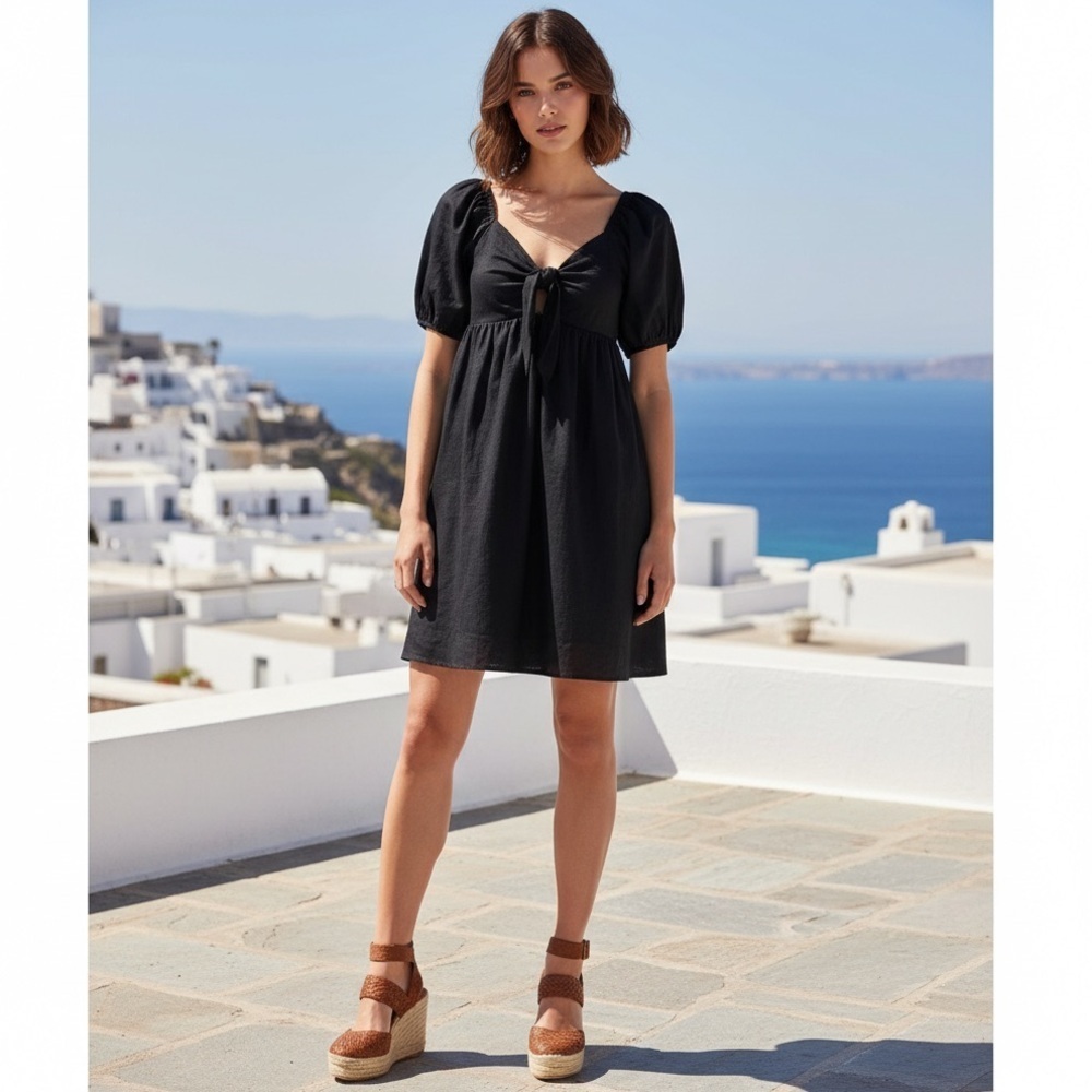 Wild fable Black Puff Sleeve Mini Dress Tie Front Cotton Women’s Size XL